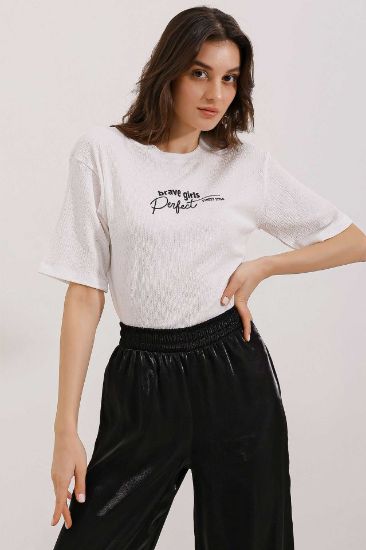0472 Baskılı Oversize Örme Tişört - Beyaz resmi